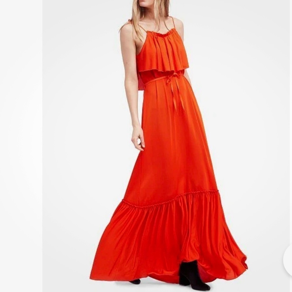 Free People Orange Coco Popover Maxi Dress L Ruffle Tie Straps vibrant chic boho